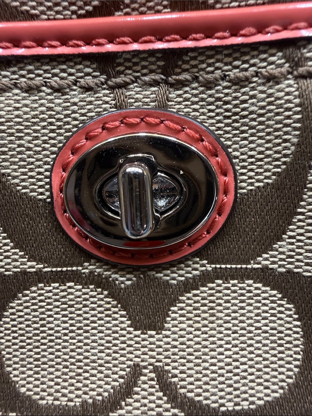 Coach Tan Signature Wristlet with Brown Trim and Coral Accent and key charm - Picture 2 of 6